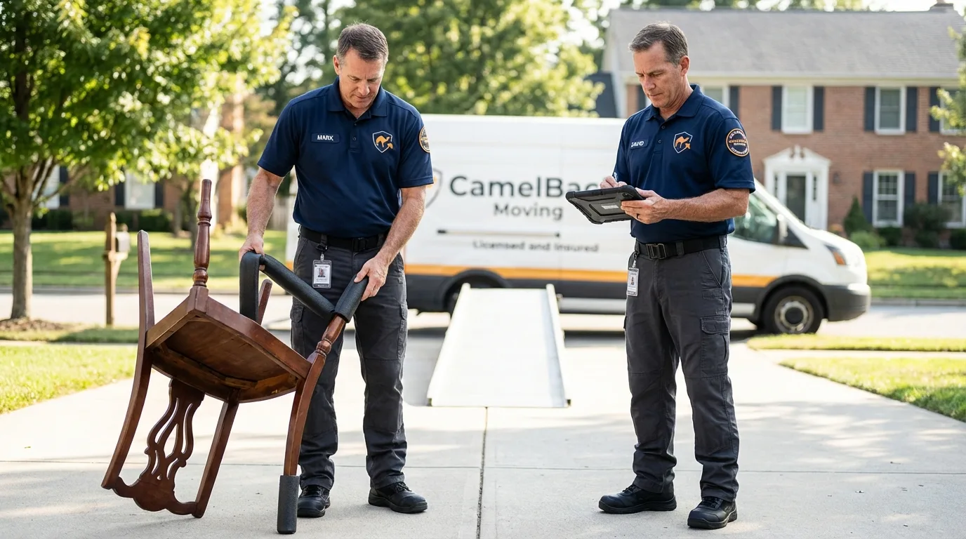 Movers inspecting furniture for damage prevention before loading in Point Clear, AL