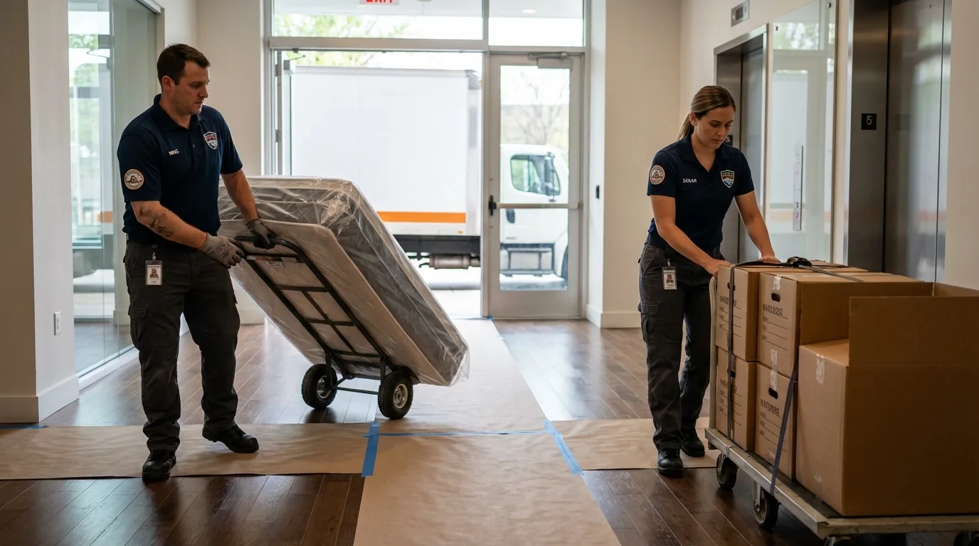 Professional apartment movers loading elevator in Point Clear, AL